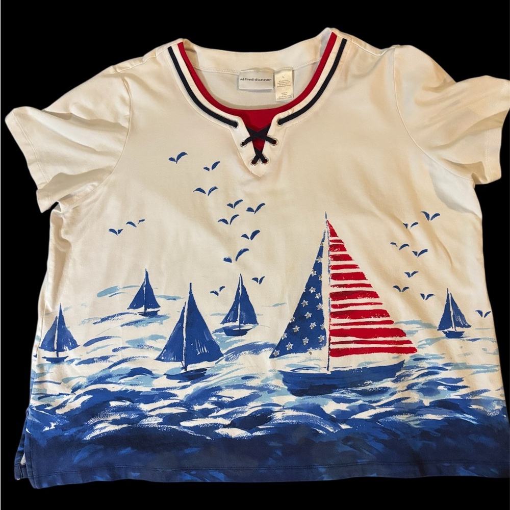 Alfred Dunner Womens Large White Nautical Short Sleeve Top